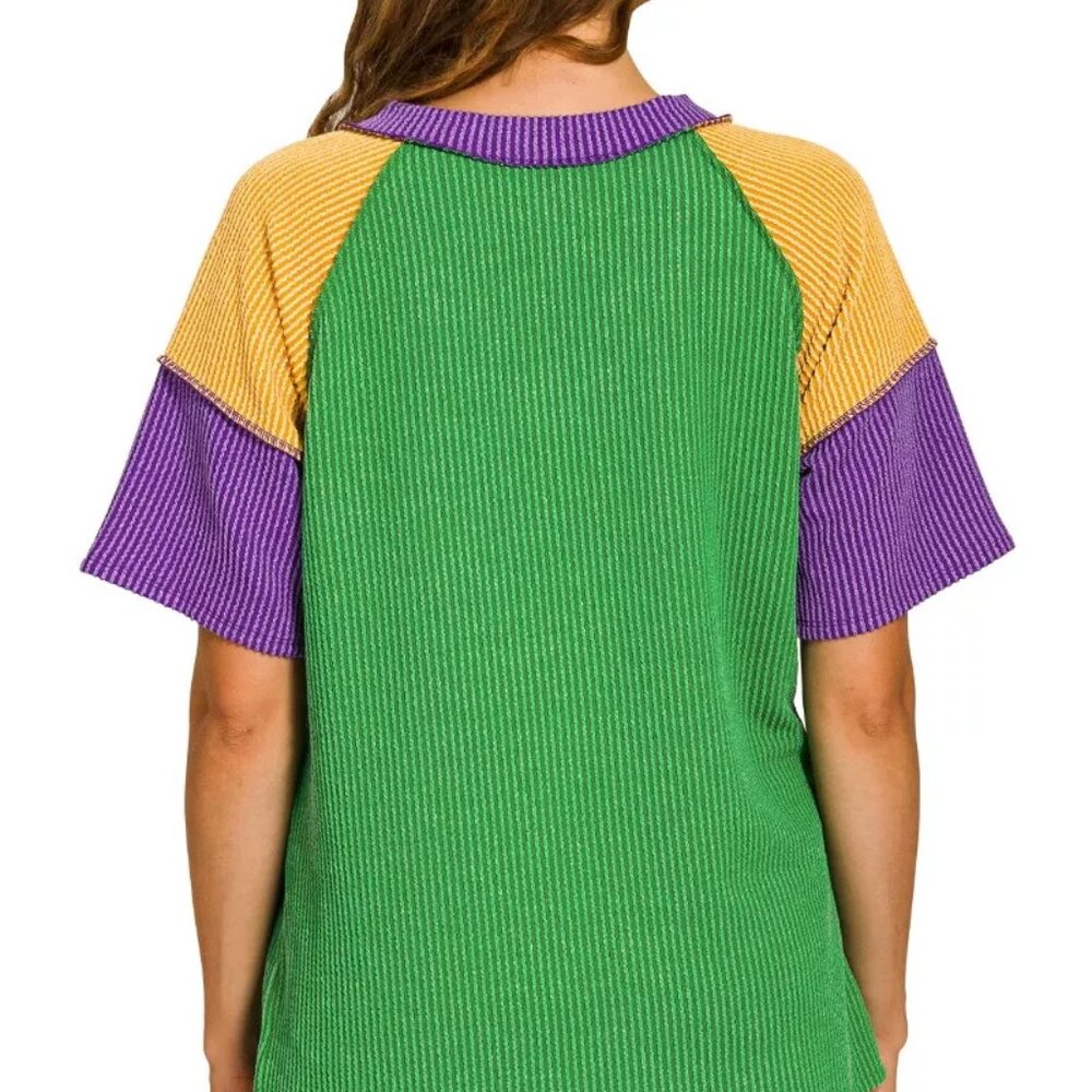 Zenana Mardi Gras Raised Rib Color Block Top‎ - Picture 3 of 6
